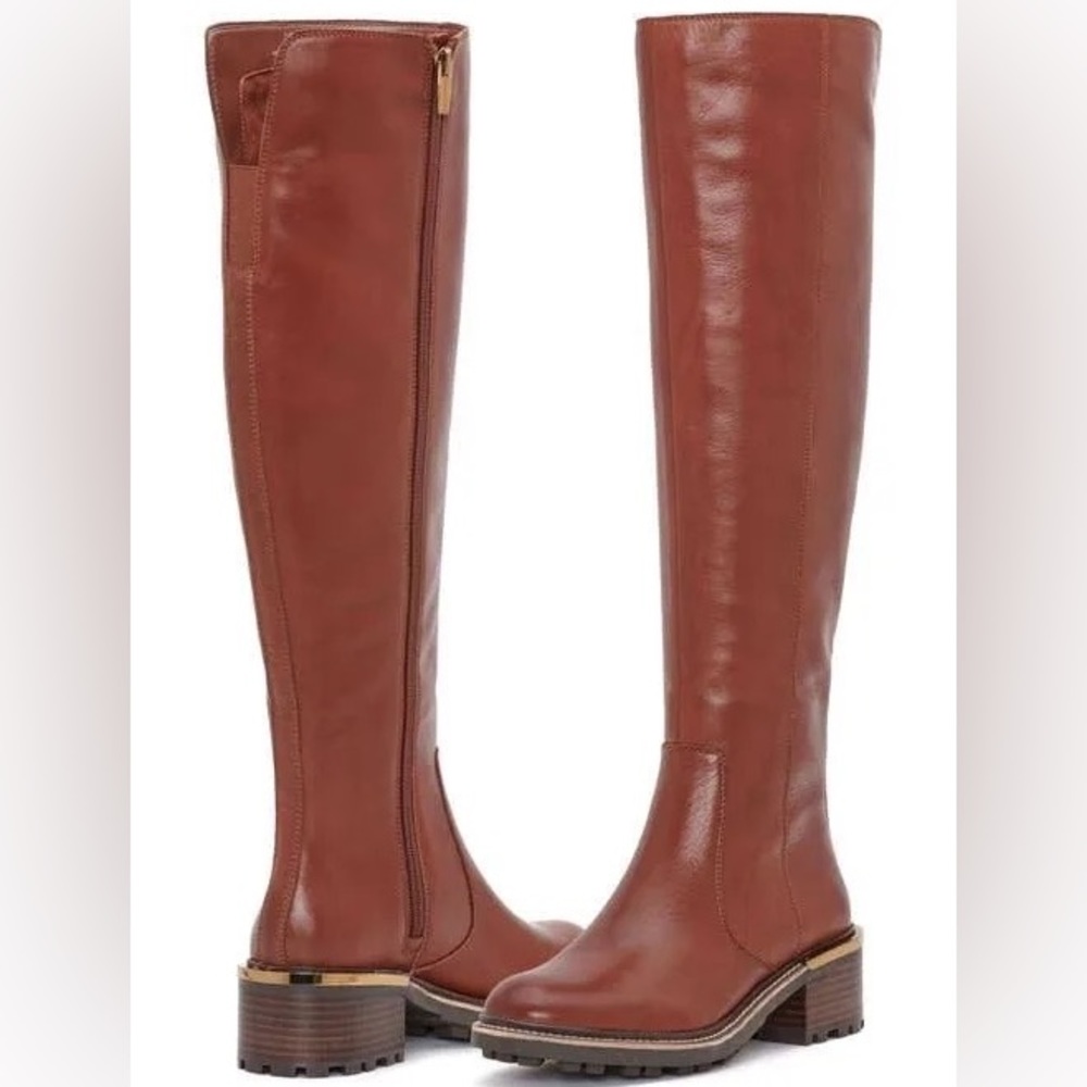 Vince Camuto cognac over-the-knee leather boot.